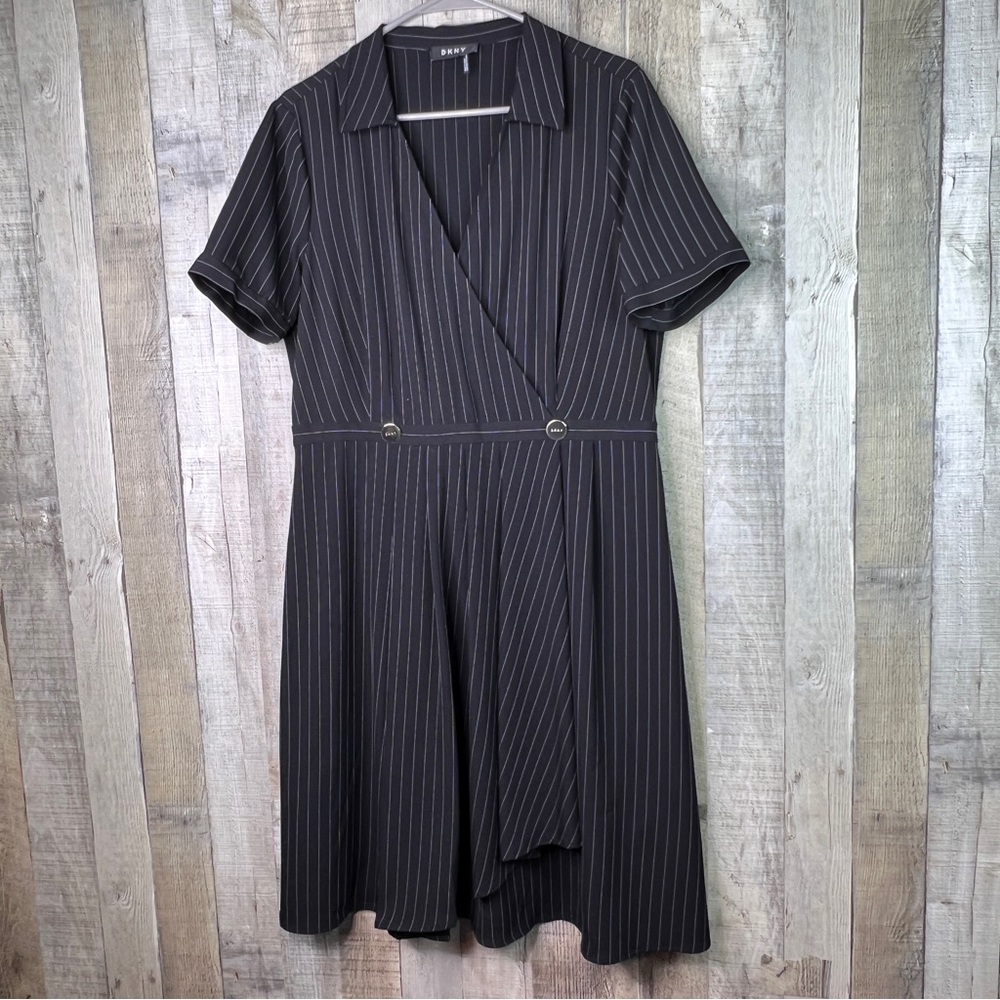 Donna Karan New York Black Dress White Pin Stripes Pull Over Short Sleeve